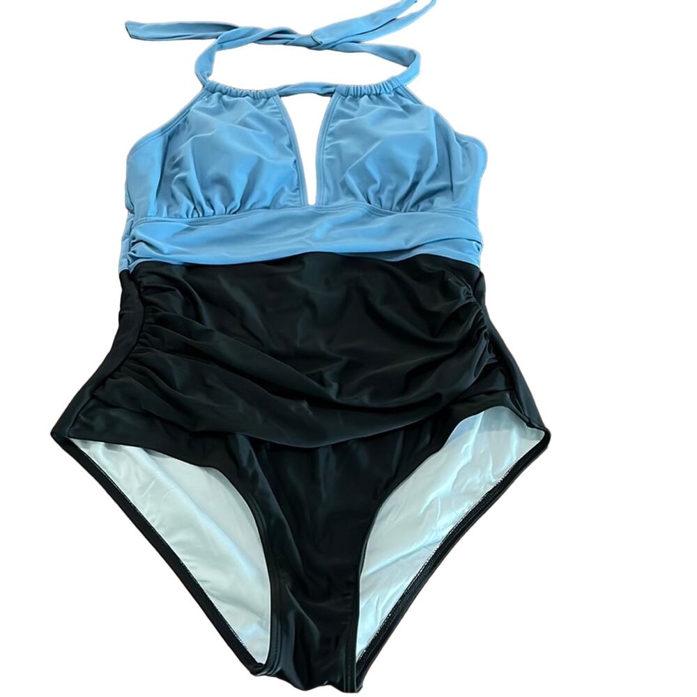 B2prity Blue/Black Slimming Halter One Piece Swimsuit Woman Size Large